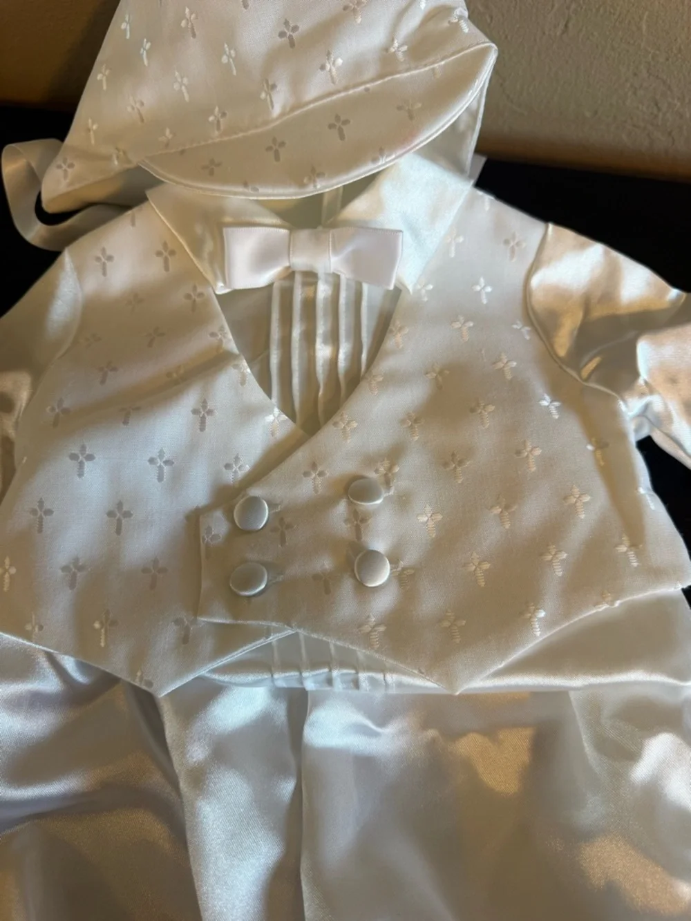 Vtg Baby Boy Christening Baptism Tuxedo Set White Satin Cross Embroidery  6-9M